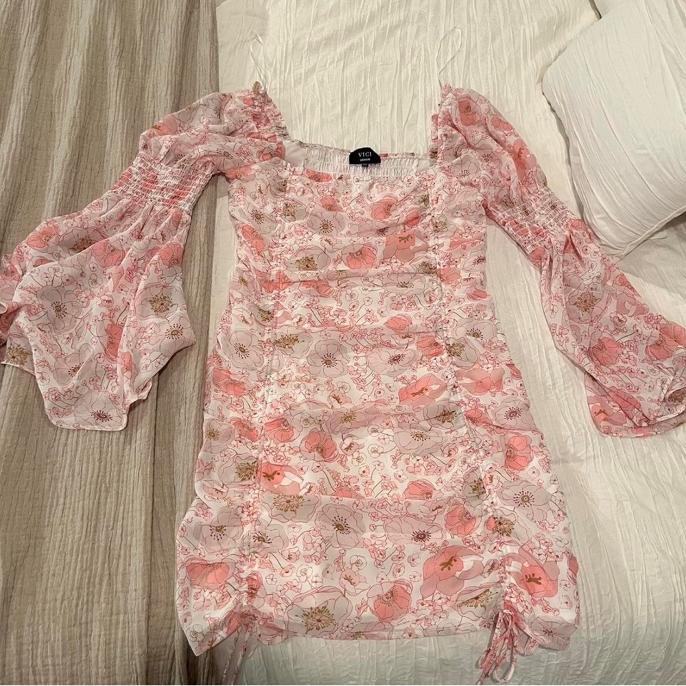 Pink Floral Sheer Sleeve Dress